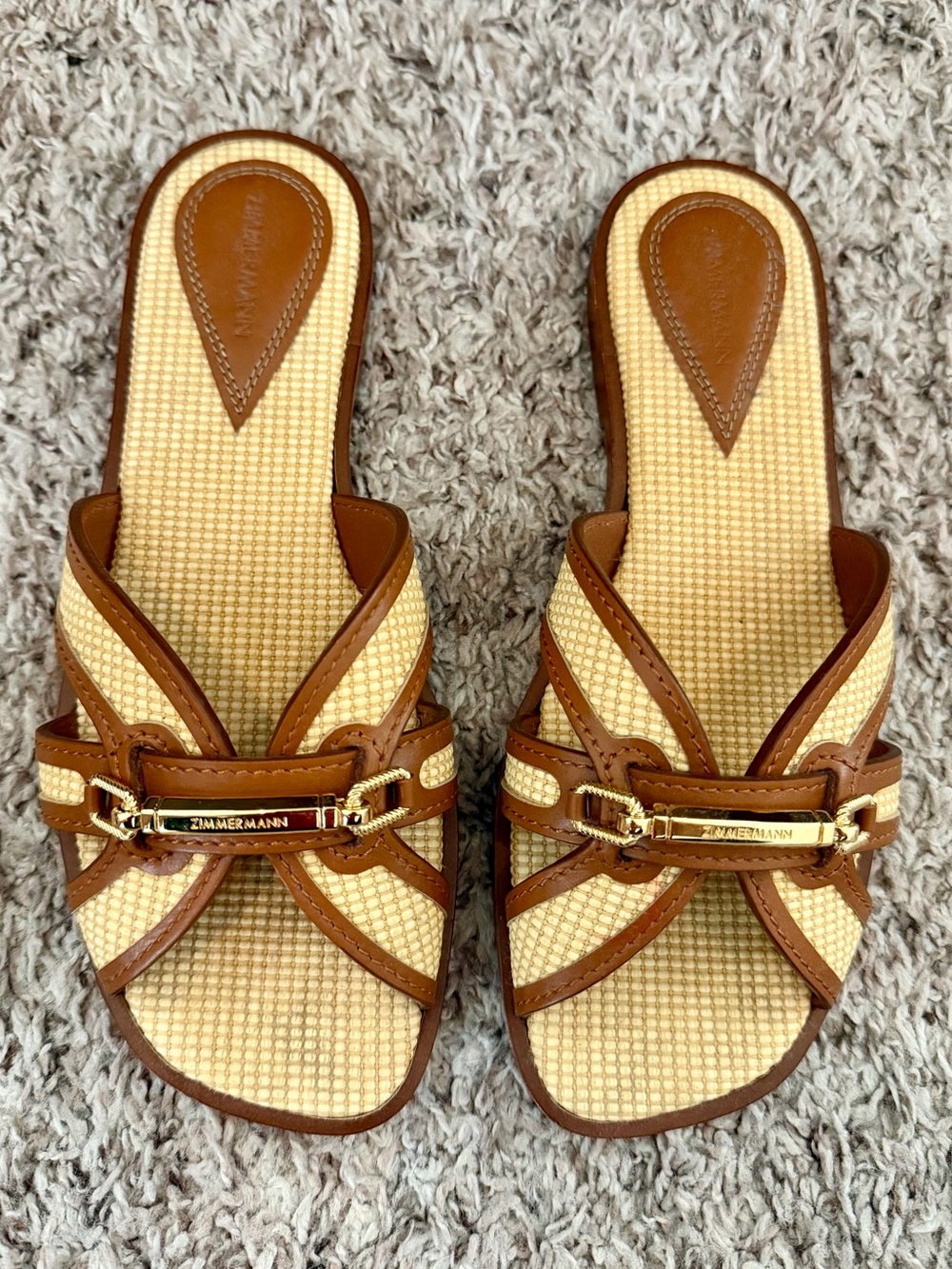 Zimmermann Prisma Raffia Leather Slide Sandals in Natural/Tan